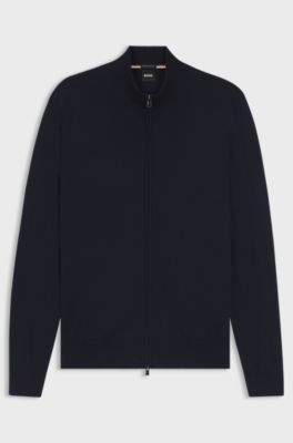Cardigan zipp&eacute; en laine m&eacute;rinos extra-fine, Bleu fonc&eacute;