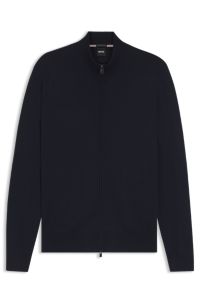 Cardigan zipp&eacute; en laine m&eacute;rinos extra-fine, Bleu fonc&eacute;