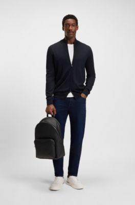 Zip-up cardigan in extra-fine merino wool, Dark Blue