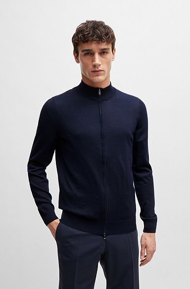 Zip-up regular-fit cardigan in virgin wool, Dark Blue