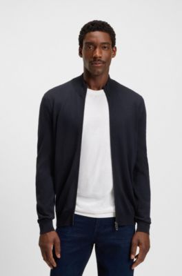 Zip-up cardigan in extra-fine merino wool, Dark Blue