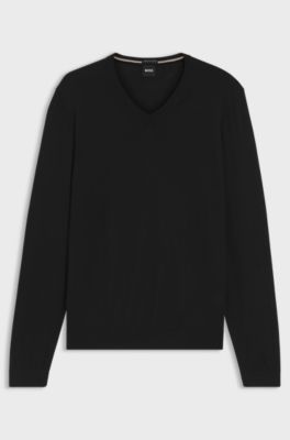 Pull &agrave; col V en laine m&eacute;rinos extra fine, Noir