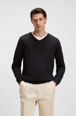 V-neck sweater in extra-fine merino wool, Black