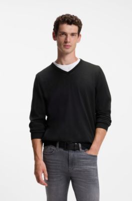 Maglione in lana merino extra-fine con scollo a V, Nero