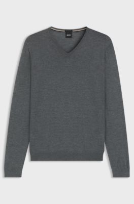 V-neck sweater in extra-fine merino wool, Grey