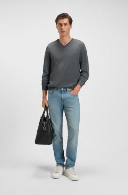 V-neck sweater in extra-fine merino wool, Grey