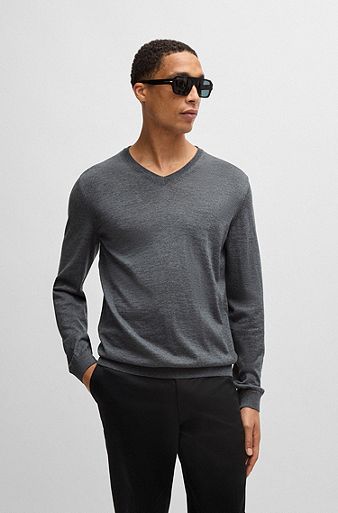 V-neck sweater in virgin wool, Grey