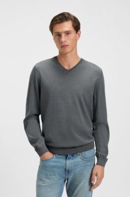 V-neck sweater in extra-fine merino wool, Grey