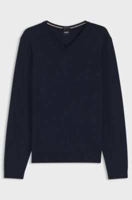 Pull &agrave; col V en laine m&eacute;rinos extra fine, Bleu fonc&eacute;