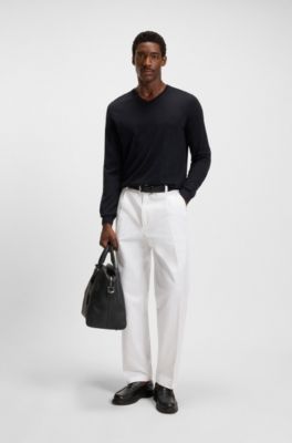 V-neck sweater in extra-fine merino wool, Dark Blue