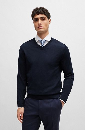 Slim-fit V-neck sweater in virgin wool, Dark Blue
