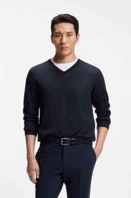 Maglione in lana merino extra-fine con scollo a V, Blu scuro