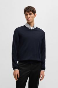 V-neck sweater in merino wool, Dark Blue