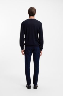 H&oslash;jhalset sweater med V-hals i ekstra fin merinould, M&oslash;rkebl&aring;