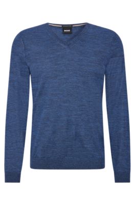 Hugo Boss V-neck Slim-fit Sweater In Virgin Wool In Blue