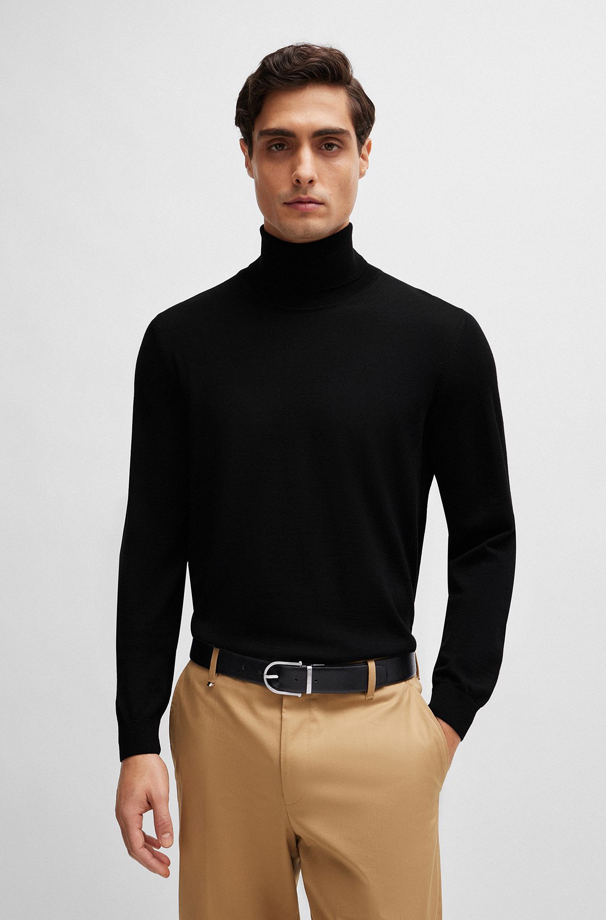 Slim-fit rollneck sweater in virgin wool, Black