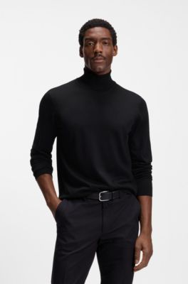 Slim-fit rollneck sweater in extra-fine merino wool, Black