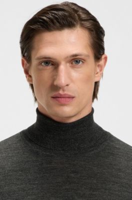 Slim-fit rollneck sweater in extra-fine merino wool, Dark Grey