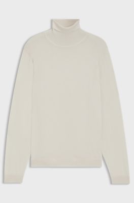 Slim-fit rollneck sweater in extra-fine merino wool, Natural