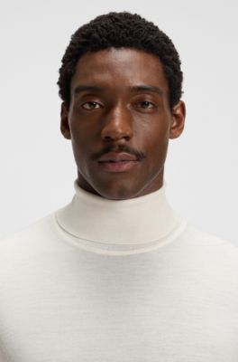 Slim-fit rollneck sweater in extra-fine merino wool, Natural
