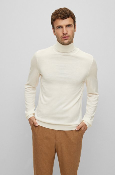 Maglione slim fit a collo alto in lana vergine, Bianco