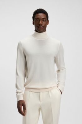 Slim-fit rollneck sweater in extra-fine merino wool, Natural