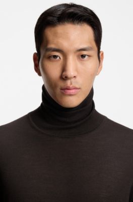 Slim-fit rollneck sweater in extra-fine merino wool, Dark Brown