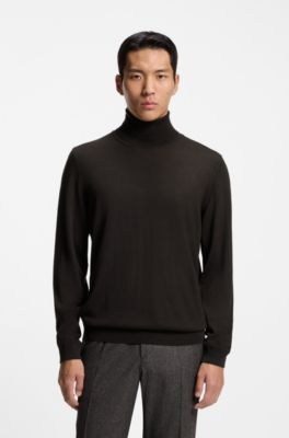 Slim-fit rollneck sweater in extra-fine merino wool, Dark Brown