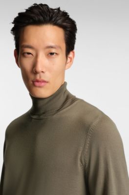 Slim-fit rollneck sweater in extra-fine merino wool, Brown
