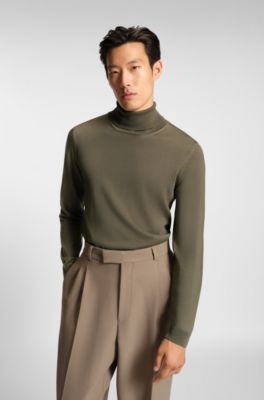 Slim-fit rollneck sweater in extra-fine merino wool, Brown