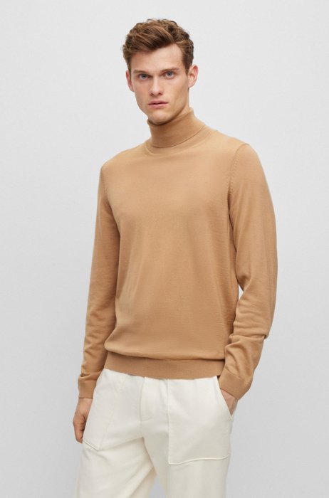 Slim-fit rollneck sweater in virgin wool, Beige