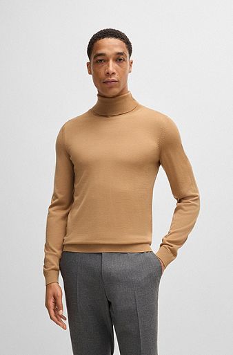Slim-fit rollneck sweater in virgin wool, Beige