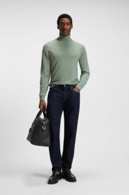 Slim fit rullekravesweater i ekstra fin merinould, Lysegr&oslash;n