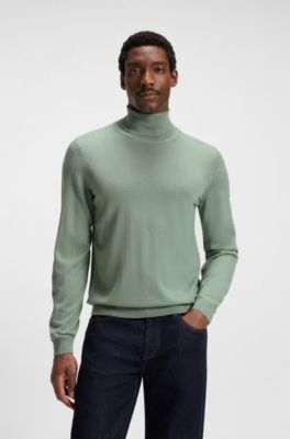 Slim fit rullekravesweater i ekstra fin merinould, Lysegr&oslash;n