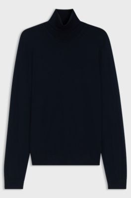 Slim-fit rollneck sweater in extra-fine merino wool, Dark Blue