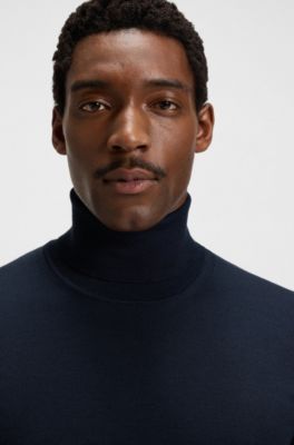 Slim-fit rollneck sweater in extra-fine merino wool, Dark Blue
