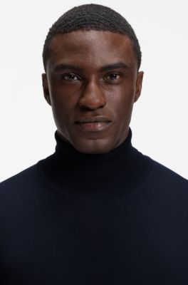Slim-fit rollneck sweater in extra-fine merino wool, Dark Blue