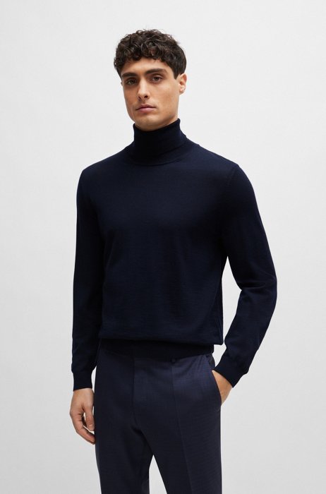 Jersey slim fit de cuello vuelto en lana virgen, Azul oscuro