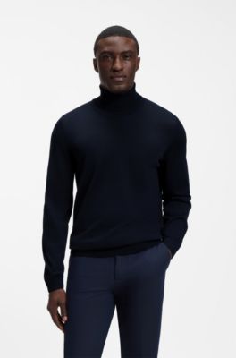Slim-fit rollneck sweater in extra-fine merino wool, Dark Blue