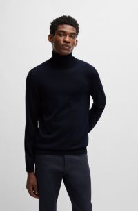 Slim-fit rollneck sweater in merino wool, Dark Blue