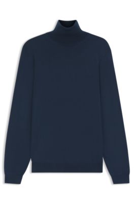 Slim-fit rollneck sweater in extra-fine merino wool, Dark Blue