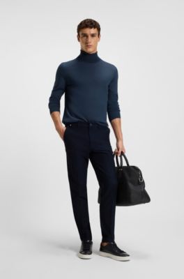 Pull Slim &agrave; col roul&eacute; en laine m&eacute;rinos extra fine, Bleu fonc&eacute;