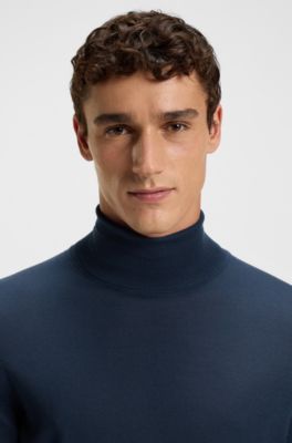 Slim-fit rollneck sweater in extra-fine merino wool, Dark Blue