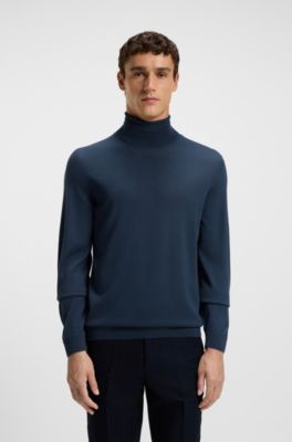 Slim-fit rollneck sweater in extra-fine merino wool, Dark Blue