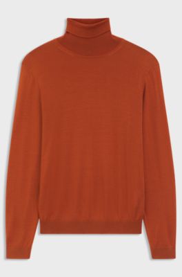 Slim-fit rollneck sweater in extra-fine merino wool, Dark Orange