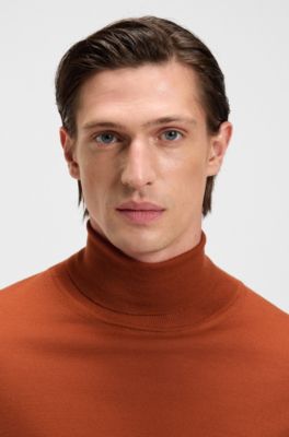 Slim-fit rollneck sweater in extra-fine merino wool, Dark Orange