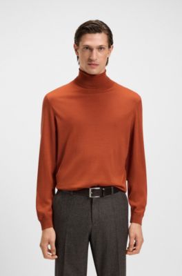 Slim-fit rollneck sweater in extra-fine merino wool, Dark Orange