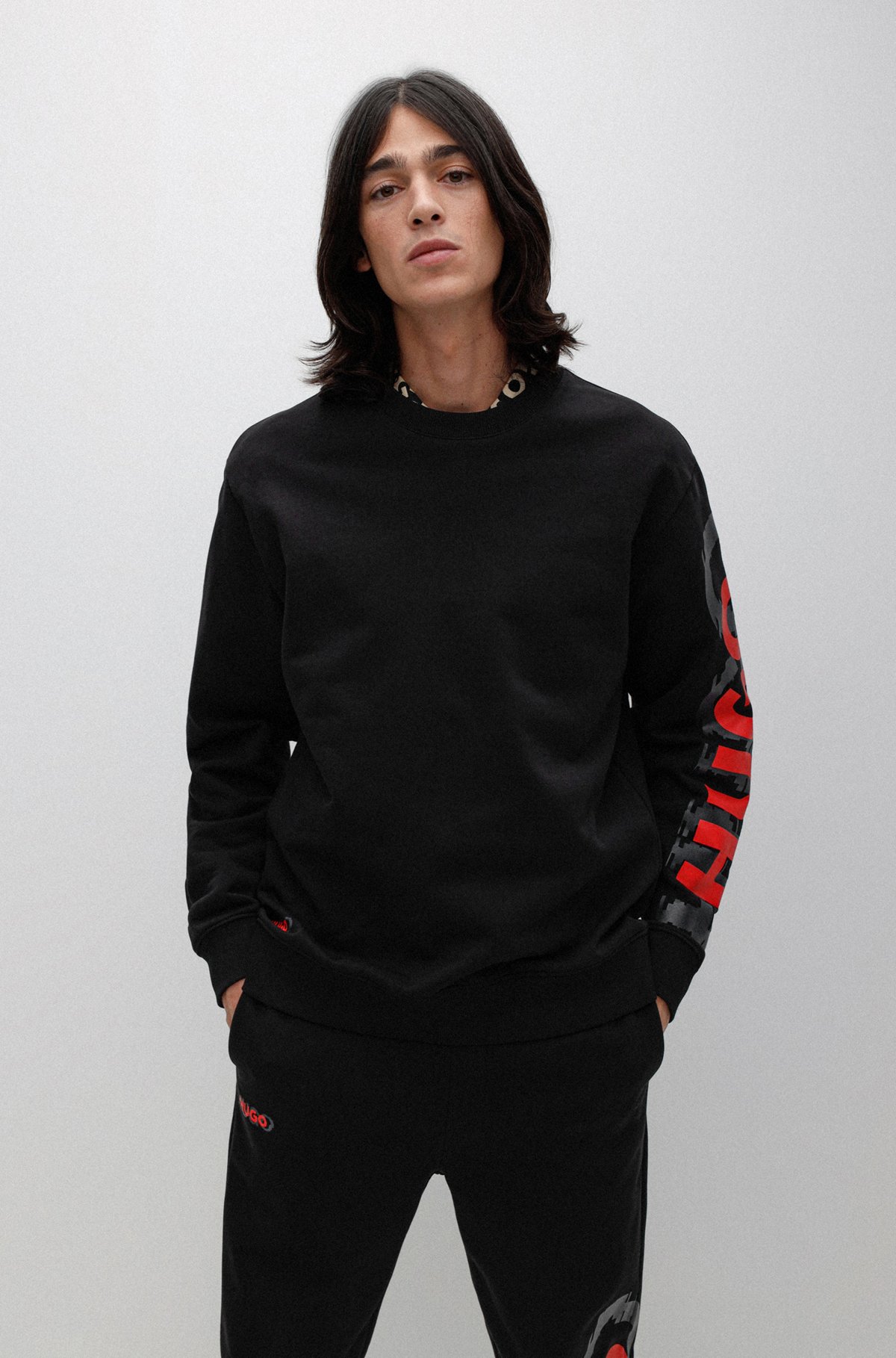 Cotton-terry sweatshirt with cyber-shadow logo, Black