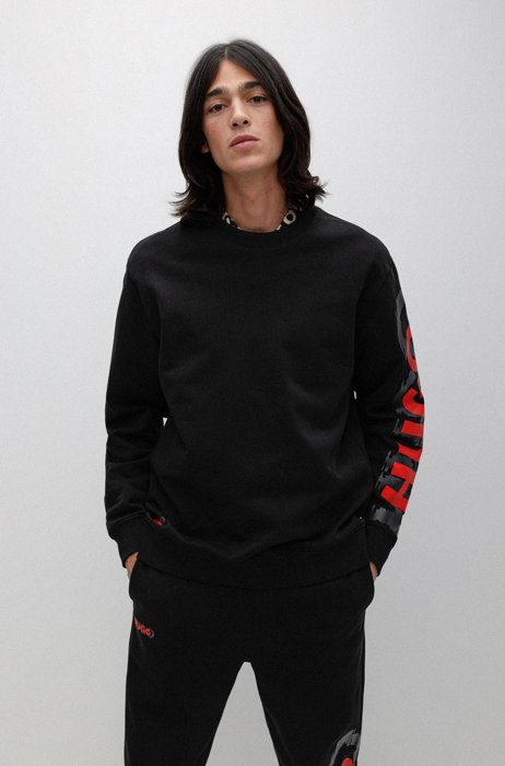 Sweater van katoenen sweatstof met logo in cyber-shadow-stijl, Zwart