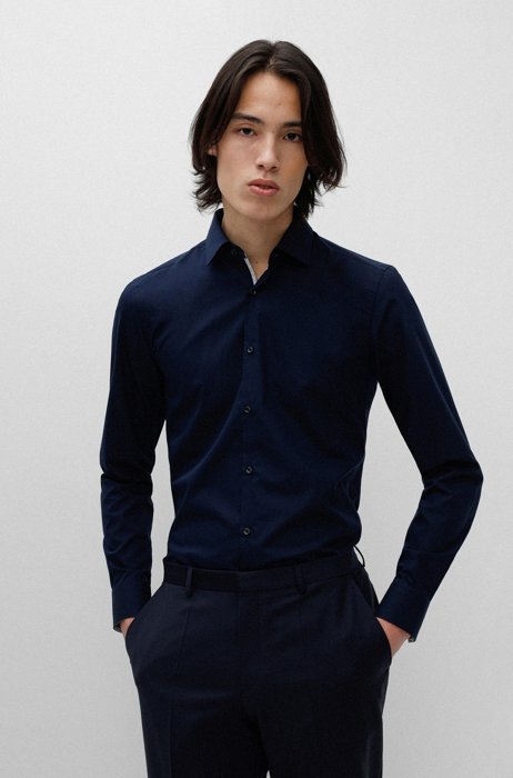 Slim-fit shirt in easy-iron cotton poplin, Dark Blue